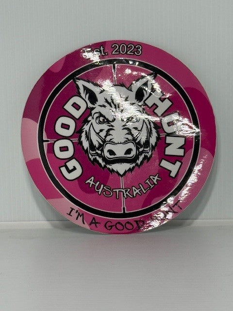 Good Hunt small round sticker pink